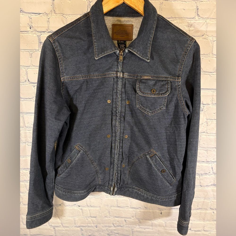 Vintage 90s Lauren Dry Goods Supply Co Knit Denim Moto Preppy Utility Jacket PS